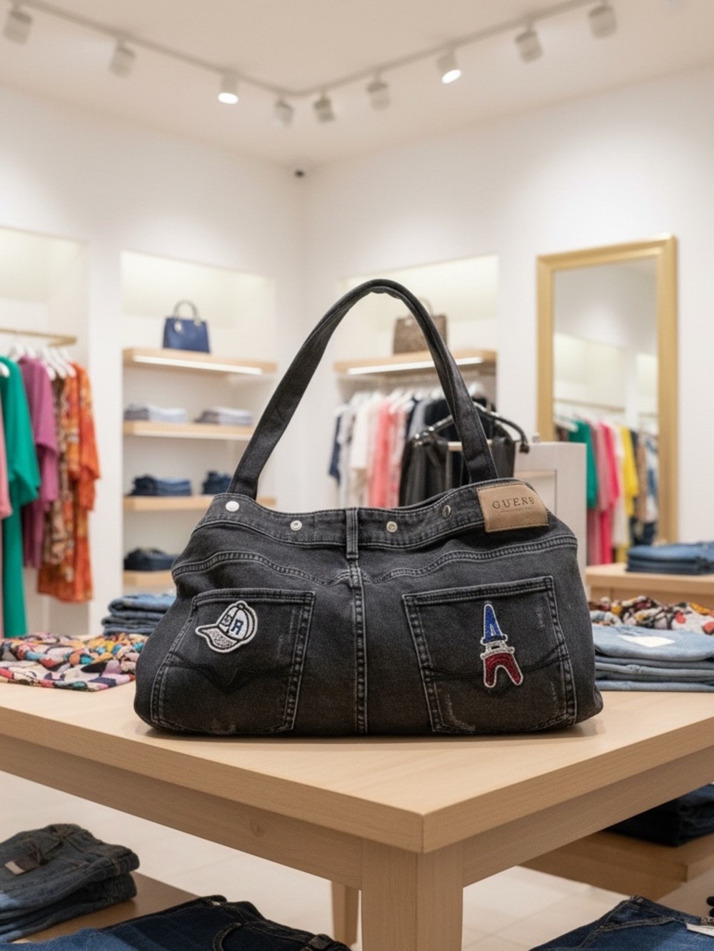 GUESS Black Denim Shoulder Bag with Patch Details upcycle denim - Picture 2 of 4